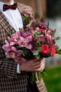 Man Dressed Fashion Suit Holding Bouquet of Flower Royalty Free Stock Photo