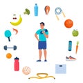 Man dressed in sports clothes does exercises with dumbbells. Icons of healthy food, vegetables and sports equipment for different