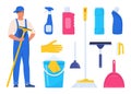 Man dressed in uniform with glass cleaning scraper. Worker of cleaning service. Bucket, scoop, brush, washing powder, bottle of