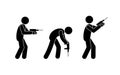 Man with a drill, isolated pictograms, stick figure silhouette, various poses