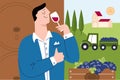 Man drink wine. Sommelier tastes alcohol beverage. Cartoon person with glass. Winemaking industry. Wooden barrels and