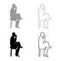 Man drinking from mug sitting on stool with crossed leg Concept relax icon set grey black color illustration outline flat style Royalty Free Stock Photo