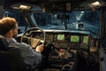 A man driver is sitting in the truck cab. Front view from inside