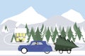 Man drives in a retro car on a winter road. Royalty Free Stock Photo