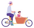 Man driving on bike with kid sitting on basket. Saddlebag bicycle