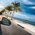 Man driving a car across paradise road with palms and ocean Royalty Free Stock Photo