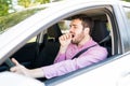 Man Driving Car Feeling Bored In Traffic