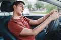 Man driving car fell asleep and does not control the road situation. Drugged with alcohol or insomnia concept. Car crashes and Royalty Free Stock Photo