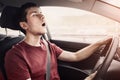 Man driving  car fell asleep and does not control the road situation. Drugged with alcohol or insomnia concept. Car crashes and Royalty Free Stock Photo