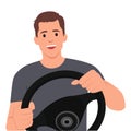 Man Driving a Car, Front View from the Inside, Male Driver Character Holding Hands on a Steering Wheel Royalty Free Stock Photo