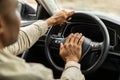 Man driving a car with hand on horn button Royalty Free Stock Photo