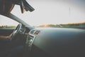 Man driving a car moving fast on a highway Royalty Free Stock Photo