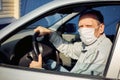 A man driving a car puts on a medical mask during an epidemic, a taxi driver in a mask, protection from the virus