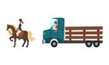 Man Driving Car and Woman Riding on Horse Back Along the Road Vector Set Royalty Free Stock Photo