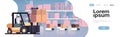 Man driving forklift loader pallet truck warehouse robot car parcel box delivery logistic transport concept industrial