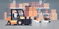 Man driving forklift loader pallet truck warehouse robot car parcel box delivery logistic transport concept industrial