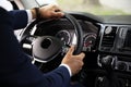 Man driving his car, closeup view of hands on wheel Royalty Free Stock Photo