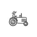 Man driving tractor hand drawn sketch icon.