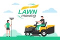 Man driving a tractor lawn mower in garden Royalty Free Stock Photo