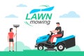 Man driving a tractor lawn mower in garden