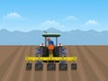 man is driving tractor. In order to plow the soil in the field. Have a blue sky background Royalty Free Stock Photo