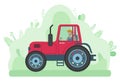 Man is driving tractor on the road near the meadow. Farmer siting in agrimotor on nature landscape