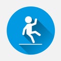 Man drops vector icon. Symbol of wet floor, slippery floor on blue background. Flat image caution wet with long shadow.