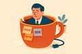 Man Drowning in Coffee Cup with Urgent Notes, Flat Vector Style, AI generated Royalty Free Stock Photo