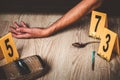 A man is a drug addict with a syringe using drugs lying on the floor. The concept of anti drugs. male drug addict, drug syringe Royalty Free Stock Photo