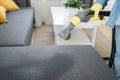Man dry cleaner& x27;s employee hand in protective rubber glove cleaning sofa with professionally extraction method