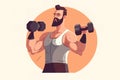 A man with a dumbbell motivates the viewer to exercise. Happy sportsman exercising with equipment