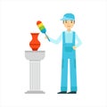 Man Dusting Antique Vase With Dust Brush, Cleaning Service Professional Cleaner In Uniform Cleaning In The Household