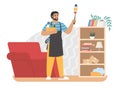 Man dusting furniture in living room, vector illustration. Housework, household chores, housekeeping, house cleaning.