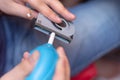 man dusting laptop air bulb cooler selected focus Royalty Free Stock Photo