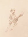 Man (Dwarf) plaing lute. pencil sketch on paper. Original hand draw.