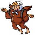 The man with eagle bird costume is flying while bring a bag