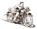 Man from the early 20th century riding a classic motorcycle at high speed