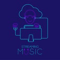 Man with earphone cloud connect, Computer shape made from cable, Streaming music concept design illustration