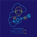 Man with earphone cloud connect smartphone, Acoustic guitar shape made from cable, Streaming music concept design illustration