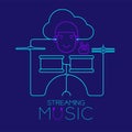 Man with earphone cloud connect smartphone, Drum kit shape made from cable, Streaming music concept design illustration