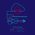 Man with earphone cloud connect smartphone, Violin and bow shape made from cable, Streaming music concept design illustration