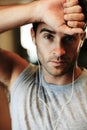 Man, earphones and music for fitness, portrait and workout at gym, streaming radio and podcast or audio. Male person Royalty Free Stock Photo