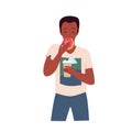 Man eating donut and drinking coffee, hungry male character standing, holding fast food Royalty Free Stock Photo