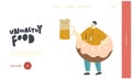 Man Eating Fast Food Enjoying Outdoor Festival Landing Page Template. Fat Male with Huge Donut on Belly Holding Beer