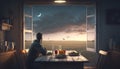 A man eating in his kitchen looking out his window at a stark landscape Generative AI