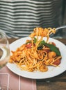 Man eating italian spaghetti pasta with fork Royalty Free Stock Photo