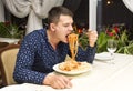 Man eating a large portion of pasta