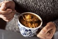 Man eating a lentil soup Royalty Free Stock Photo