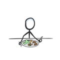 Man eating lunch. Healthy breakfast. Dinner plate. Hand drawn. Stickman cartoon. Doodle sketch, Vector graphic illustration