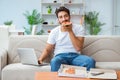 The man eating pizza having a takeaway at home relaxing resting Royalty Free Stock Photo